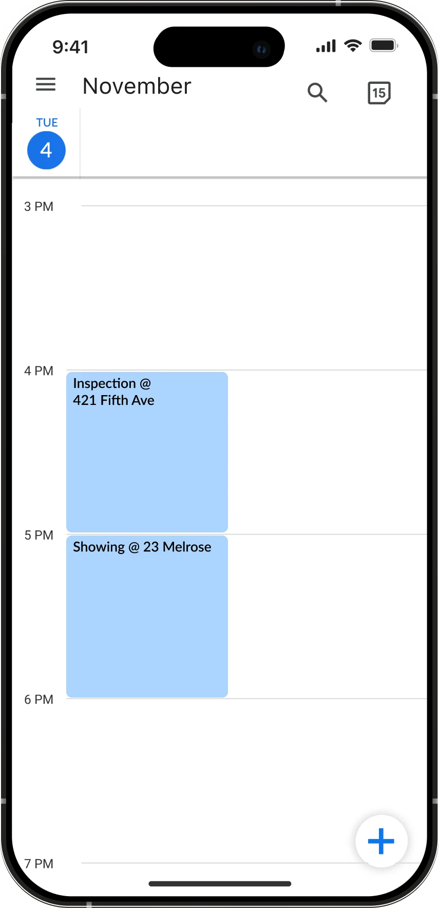 A plain calendar app showing flat event blocks with no logistics