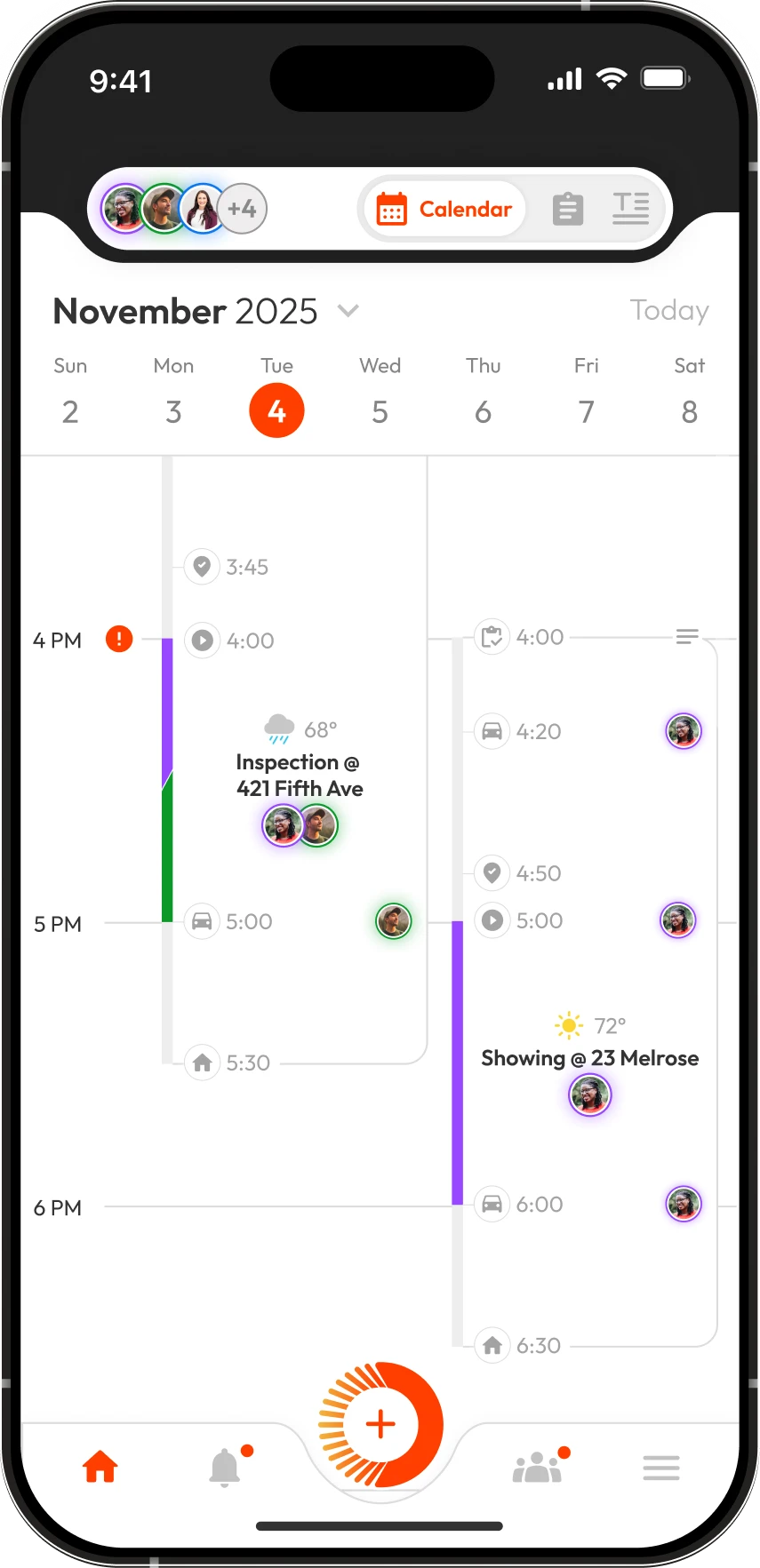 Orgo app showing agent calendar with showings and logistics
