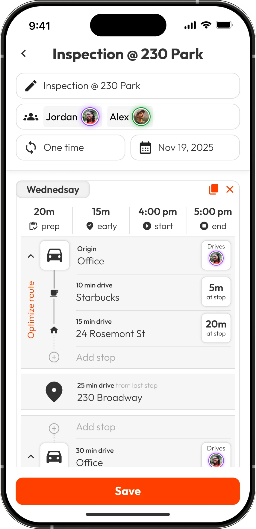 Orgo multi-stop route view showing inspection, Starbucks stop, and showing destination