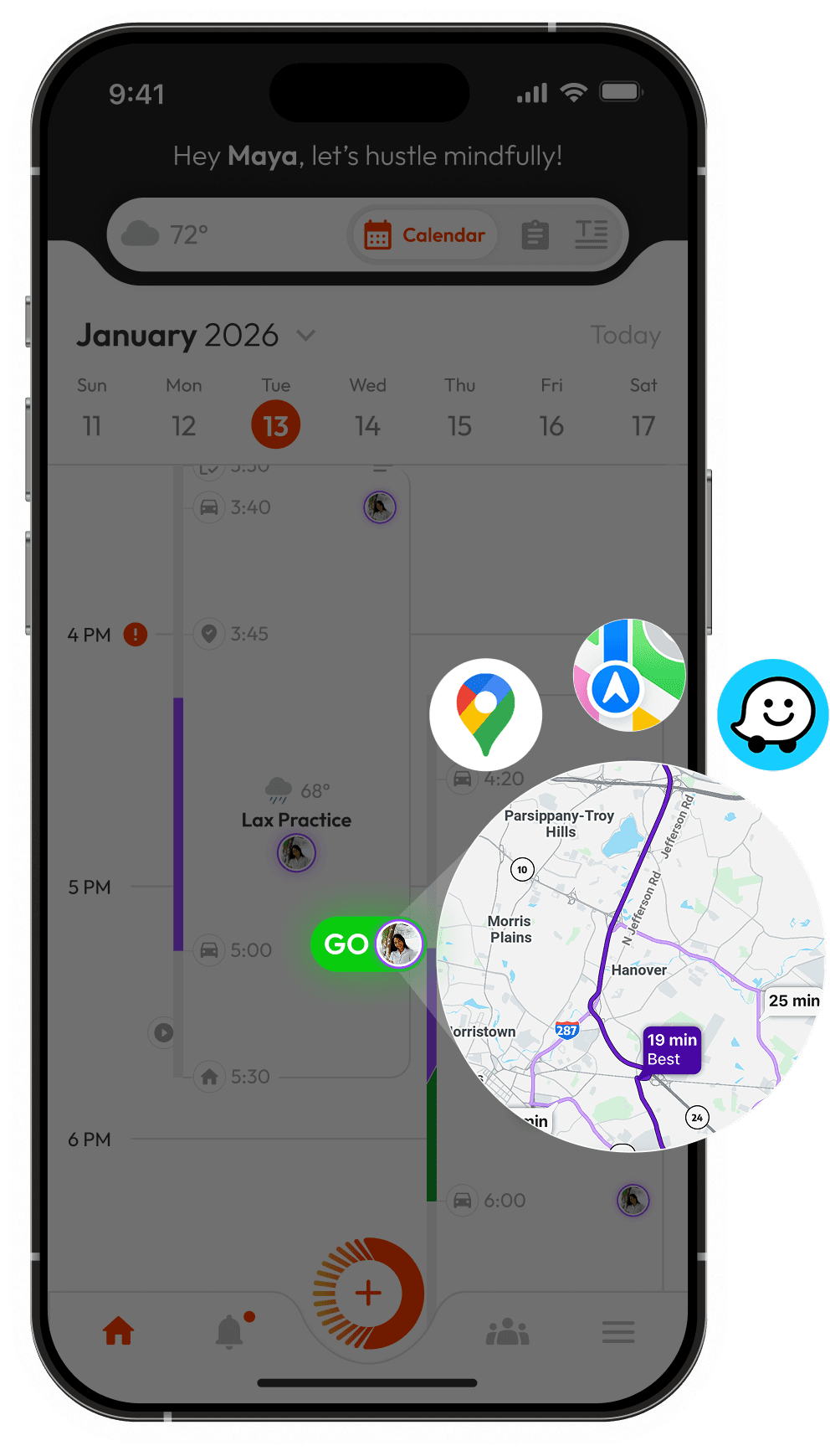 Orgo calendar with Google Maps, Apple Maps, and Waze launching directly to a showing