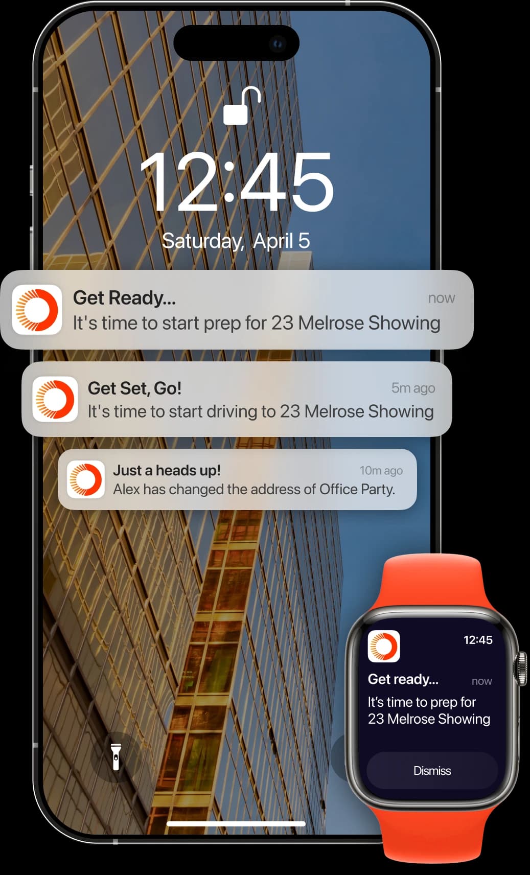 Orgo notifications on iPhone lock screen and Apple Watch showing showing prep alerts