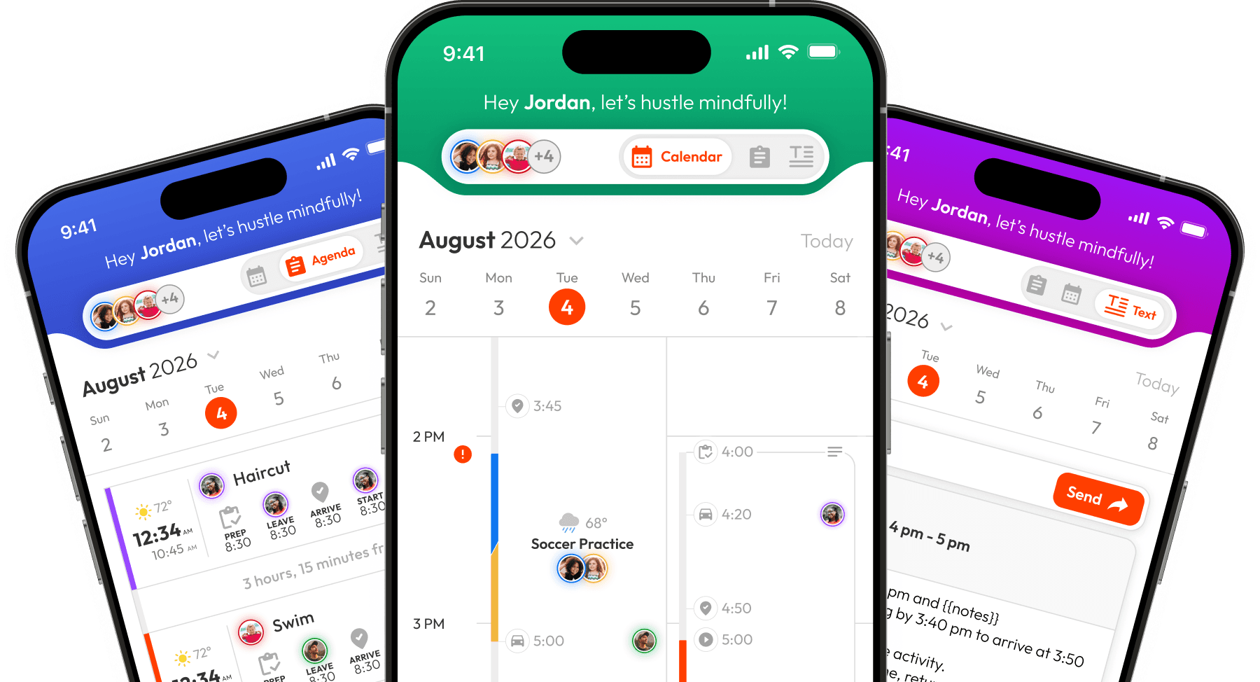 Orgo app on three phones showing agenda, calendar, and text views